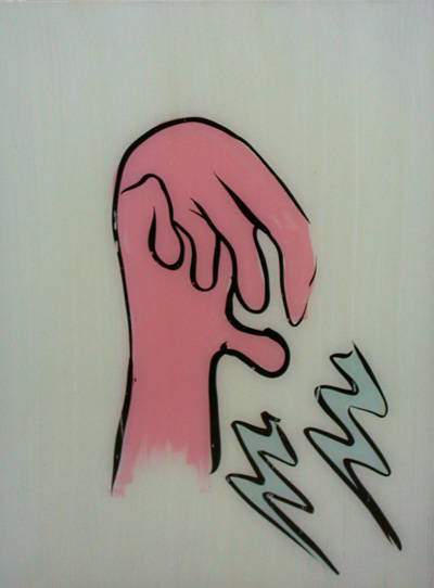 <i>Hand With Lightning Bolt</i>, 2006, collage paper, india ink, latex acrylic on primed glass, 15 3/4 x 11 3/4 inches (40 x 29.8 cm)