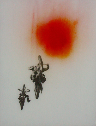 <i>Motorcycle II</i>, 2006, collage paper, spray paint, tile primer on primed glass, 15 3/4 x 11 3/4 inches (40 x 29.8 cm)