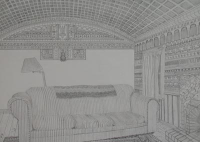 <i>Livingroom</i>, 2002, pencil on paper, 14 x 20 inches (35.5 x 51 cm)