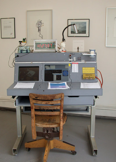 <i>Portable Mission Control</i>, 2007, aluminum plastic and wood console with computers, television, telephone, router, printer, clock, special Carl Sagan lamp, cup holder, cameras, 46 3/4 x 41 1/4 x 29 inches (119 x 104.5 x 73.5 cm)