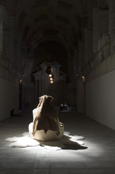 View of the exhibition Virginie Barré, 2006, Abbaye de Ronceray, Angers, France, clockwise back to front: <i>Max</i> (from the Overlook series), 2003; <i>Sans Titre</i> (from the Les Naufrageurs series), 2005; <i>Bullit & Elephant</i> (from the Starting Game series), 2004; <i>Time After Time</i>, 2006; photo credit: MArc Dommage