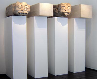 <i>Provenance</i>, exhibition view, medievalmodern, London, United Kingdom, 2002, <i>Untitled</i>, 2002, installation with four elements, left to right: English limestone grotesques, 1200 - 1225 AD, 11 x 13 x 35 inches (27 x 33 x 89 cm); uncarved limestone blocks, 150 - 200 millions years BC, 11 x 13 x 35 inches (27 x 33 x 89 cm); English limestone grotesques, 1200 - 1225 AD, 12 x 15 x 34 inches (32 x 37 x 86 cm); uncarved limestone blocks, 150 - 200 millions years BC, 12 x 15 x 34 inches (32 x 37 x 86 cm)