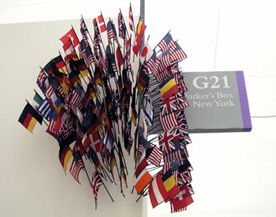 Exhibition view, Frieze Art Fair, London, United Kingdom, 2004, <i>International Trade Fair</i>, 2004, 148 textils flags, each: 10 x 5.5 inches (25 x 14 cm)
