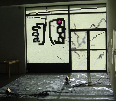 Simon Faithfull, <i>Grand</i>, 2002, installation view, postit notes on window