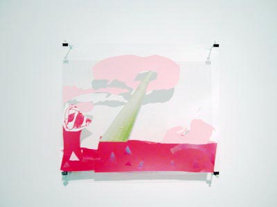 Jason Glasser, <i>untitled (gold ray in red & pink landscape)</i>, 2004, collages & drawings