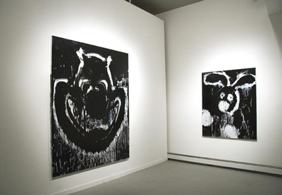 Exhibition view of <i>This Must Be The Place</i>, left to right: <i>Hello Stranger</i>, 2006, enamel on linen, 90 x 72 inches (228.6 x 182.8 cm); <i>Bunny</i>, 2006, enamel on linen, 62 x 50 inches (157.5 x 127 cm)