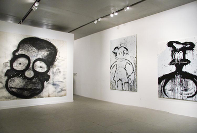 Exhibition view of <i>This Must Be The Place</i>, left to right: <i>Homer</i>, 2006, charcoal and pastel on paper 120 x 132 inches (305 x 335.3 cm); <i>Mr. MotoMickey</i>, 2006, enamel on linen, 120 x 72 inches (304.8 x 182.8 cm); <i>Donald Rising</i>, 2006, enamel on linen, 90 x 72 inches (177.8 x 152.4 cm)