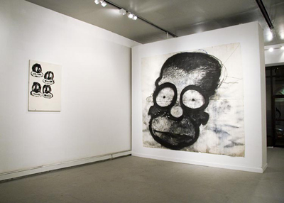 Exhibition view of <i>This Must Be The Place</i>, left to right: <i>Can't We Be Friends?</i>, 2005, enamel on linen, 48 x 36 inches (121.9 x 91.4 cm); <i>Homer</i>, 2006, charcoal and pastel on paper 120 x 132 inches (305 x 335.3 cm)
