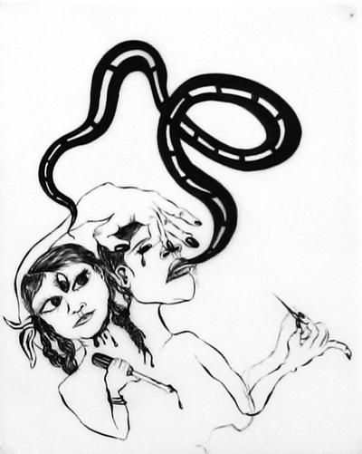 Chitra Ganesh, <i>Untitled (road & screw driver)</i>, 2006, Sumi ink on velum, 13 x 11 inches (33 x 27.9 cm)