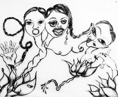 Chitra Ganesh, <i>Untitled (three heads)</i>, 2006, Sumi ink on velum, 11 x 13 inches (27.9 x 33 cm)