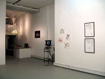 Exhibition view of <i>The Troubled Waters of Permeability!</i>, left to right: Soyeon Cho, <i>Castle</i>, 2007; Caroline McCarthy, <i>Still Life</i>, 2002; David Bronson, <i>The Circuit's Console</i>, 2007; Chitra Ganesh, <i>Untitled (the air we breath)</i>,<i>Untitled (three heads)</i>, <i>Untitled (road & screw driver)</i>, <i>Untitled (noose and braid)</i>, 2006; Jeremy Bronson, <i>Arcade</i>, <i>Nod</i>, <i>Boy</i>, 2007