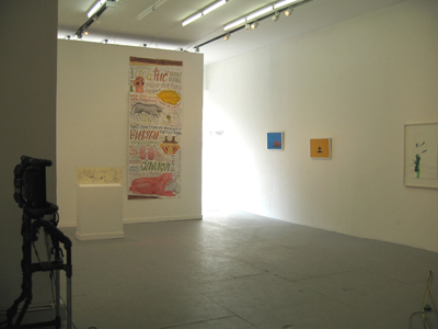 Exhibition view of <i>The Troubled Waters of Permeability!</i>, left to right:David Bronson, <i>The Circuit's Console</i>, 2007; Paul Hoppe, <i>Lemonlime Coffee Shop</i>, 2004; Nora Krug, <i>Acheron (After Borgès, 'A Universal History of Infamy')</i>, 2006; Pamela Hadfield, <i>Bang<i>, <i>Man With A Gun</i>, 2006; Géraldine Pastor-Lloret, <i>Untitled (man with headband) (from the 'Green Flash' series)</i>, 2005