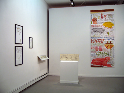 Exhibition view of <i>The Troubled Waters of Permeability!</i>, left to right: Jeremy Bronson, <i>Arcade</i>, <i>Nod</i>, <i>Boy</i>, 2007; Paul Hoppe, <i>Greek Parade</i>, 2004, <i>Lemonlime Coffee Shop</i>, 2004; Nora Krug, <i>Acheron (After Borgès, 'A Universal History of Infamy')</i>, 2006