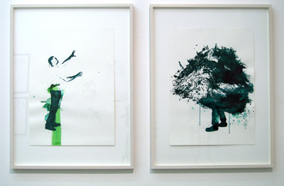 Géraldine Pastor-Lloret, <i>Untitled (man with headband) (from the 'Green Flash' series)</i>, 2006, ink on paper, 29 1/2 x 21 1/2 inches (75 x 54.5 cm), framed, <i>Untitled (big green) (from the 'Green Flash' series)</i>, 2006, ink on paper, 29 1/2 x 21 1/2 inches (75 x 54.5 cm), framed