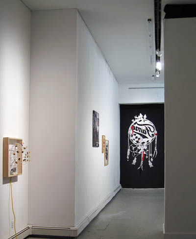 <i>Selection Box</i>, exhibition view, Parker's Box, 2007, left to right: David McQueen, <i>Quaking Aspen: drawing from a Nervous Empire</i>, 2007; Joshua Stern, <i> The Drinkers (From the Room series)</i>, 2004; Beatriz Barral, <i> Untitled VI (Grey Armchair On Pink And Purple) (from the transportador series)</I>, 2001; Patrick Martinez, <i>Untitled (From The Ends series)</i>, 2005; Bruno Peinado, <i>Untitled (Air Jordan Magic Tree Mercedes Fame Dreamcatcher), 2005