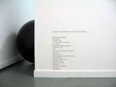 <i>One Second Of Silence</i>, exhibition view, Parker's Box, 2008; left to right: <i>Ground Control</i>, 2008, polypropylene object, helium, air, balloon diameter: 59 inches (150 cm); wall text piece, sound, variable dimensions