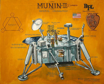 <i>BPL003</i>, BPL-003 Moranic Mission to Montana
Early production artwork depicting MUNIN (Module for Unmanned Novel Investigation and Notation) spacecraft and equipment.
2009.